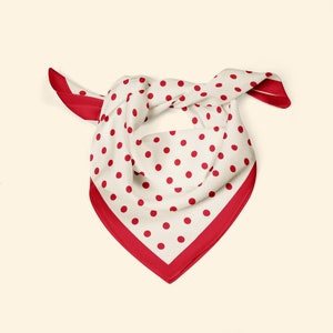 Red polka dot silk scarf, a square neck or ponytail scarf with classic red and white polka dots