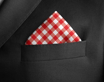 Red Gingham Silk Pocket Square, Men's Formal Accessory
