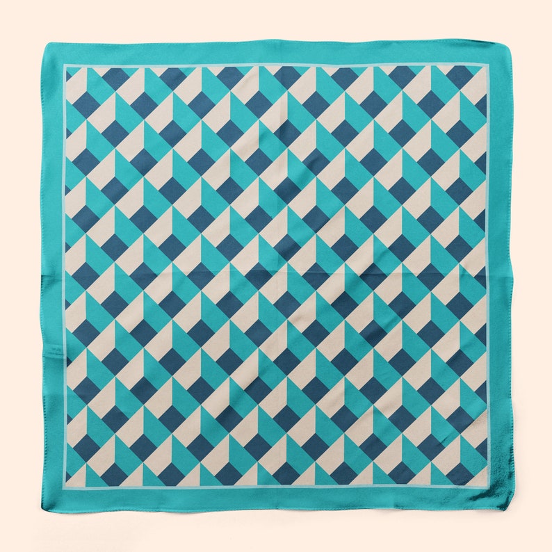 Geometric blue silk scarf, modern neckerchief, blue silk bandana, geometric silk headband, colorful square silk scarf gift for mom, image 2