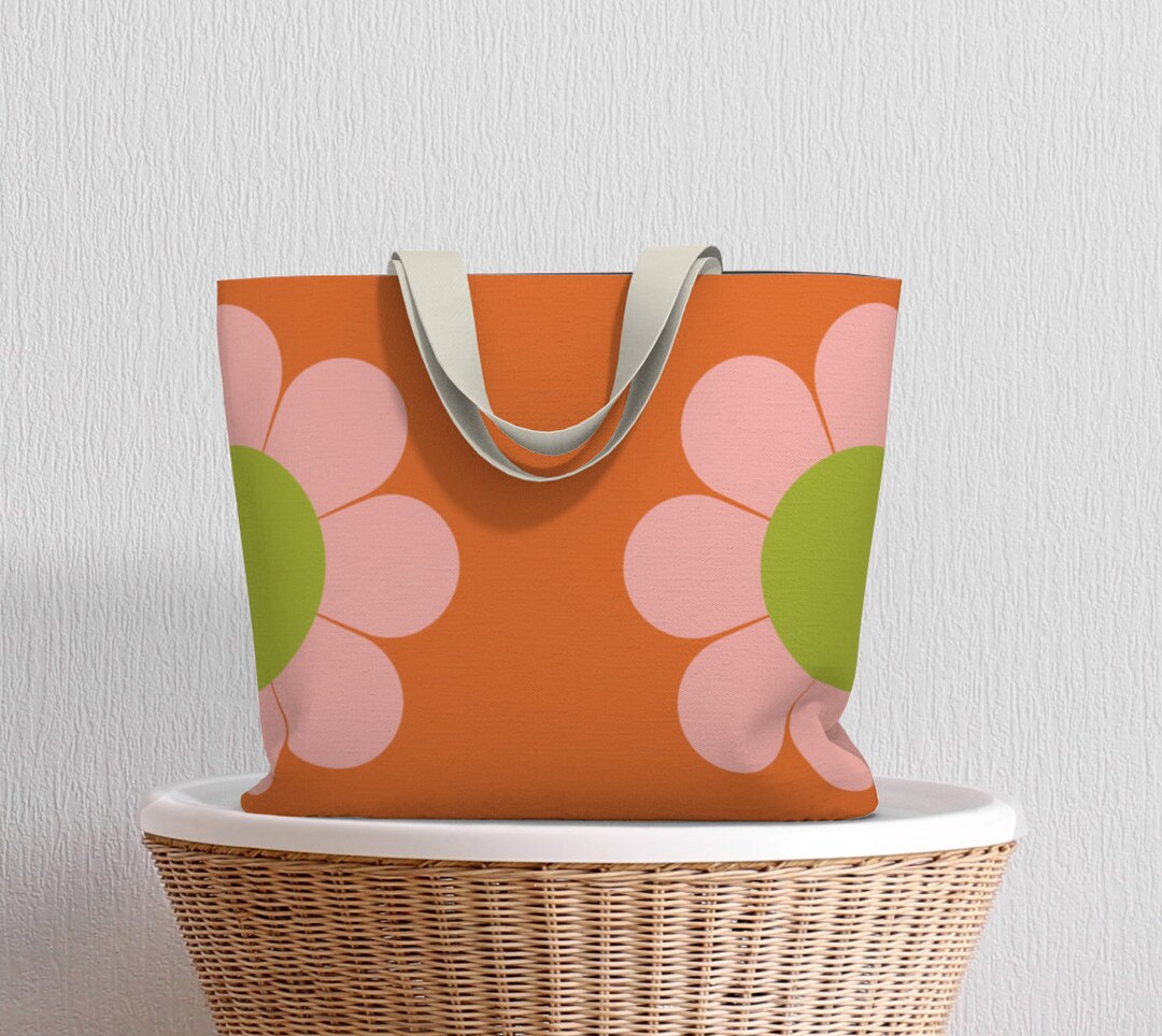 Retro Orange Beach Bag, 60s Daisy, Oversized Canvas Bag, Retro Flower