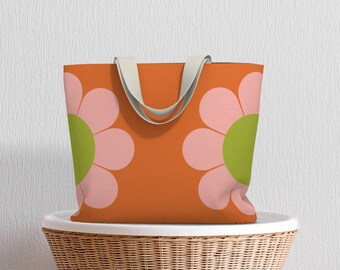 Retro orange beach bag, 60’s daisy, oversized canvas bag, retro flower tote, vintage style lined canvas bag, groovy style