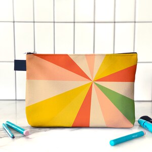 Colorful make up bag, canvas toiletry bag, large cosmetics bag with retro geometric design. Travel pouch gift for her   2
