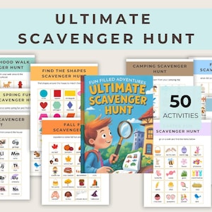 May include: A set of colourful scavenger hunt activity sheets and a book titled "Ultimate Scavenger Hunt." The book cover shows a boy with a magnifying glass. The sheets cover themes such as shapes, camping, and the alphabet.