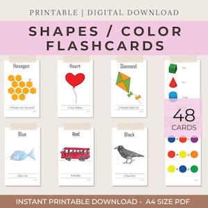 Aprenda formas e cores | Flashcards Montessori divertidos e coloridos para crianças | Cartões educativos para crianças pequenas para impressão, download instantâneo