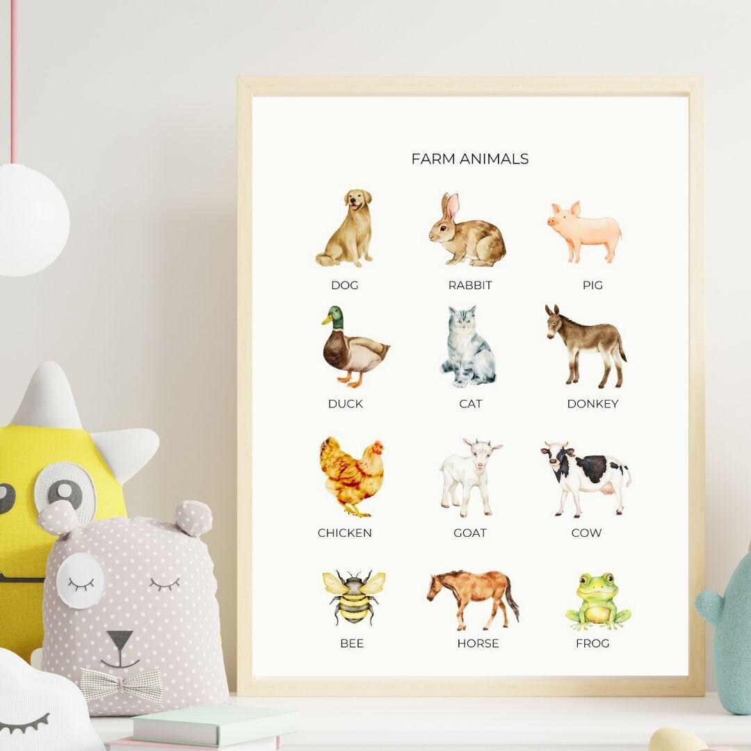 Farm Animals Poster, Toddler Learning Print, Kids Educational Wall Art ...