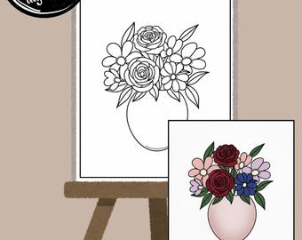 DIY Flowers in vase | Pre-Drawn Outline Canvas | Roses Bouquet Painting | Paint & Sip | Floral Painting | Coloring Page | Stencil