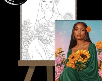 Vrouw met bloemen| bloem in hoofd| DIY verf en slokje | blanco sjabloon| canvasdoek