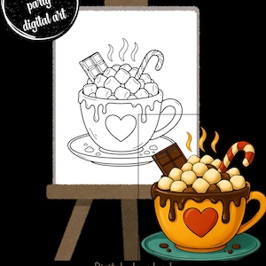 Può includere: Stampa d'arte digitale raffigurante una tazza di cioccolata calda con marshmallow, un bastoncino di zucchero e una barretta di cioccolato. La tazza ha un cuore. Il testo "Paint party digital art" e "Digital download PDF" è incluso.