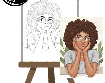 DIY Curly Afro Lady | Pre-Drawn Outline Canvas | Woman  | Coloring Page | Stencil