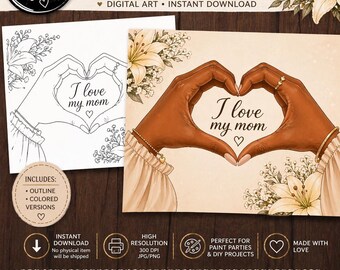 Voorgetekend canvas met harthanden | Verffeest voor volwassenen (digitale download) moeder| moeder