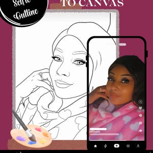 Puede incluir: Gráfico de descarga digital con el texto "Custom Selfie Outline" y "From Selfie to Canvas". La imagen muestra un selfie de una mujer junto a un dibujo lineal de la misma imagen. También se incluye una paleta de pintura y un pincel.