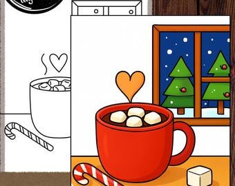 Hot Chocolate Paint Party Canvas Outline | Winter Art (Digital Download)