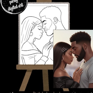 May include: Digital art print featuring a couple in an embrace, with a black and white outline version on an easel and a colored version below. The text "Paint party digital art" and "Digital download PDF" are also visible.
