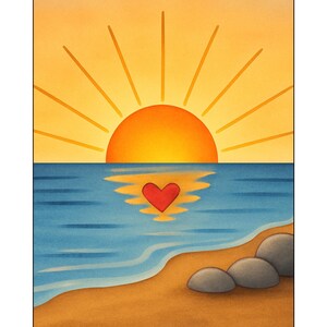 May include: A watercolor painting of a sunset over the ocean. The sun is a bright orange orb with yellow rays. The ocean is blue with a red heart reflecting in the water. A sandy beach and gray stones are in the foreground.