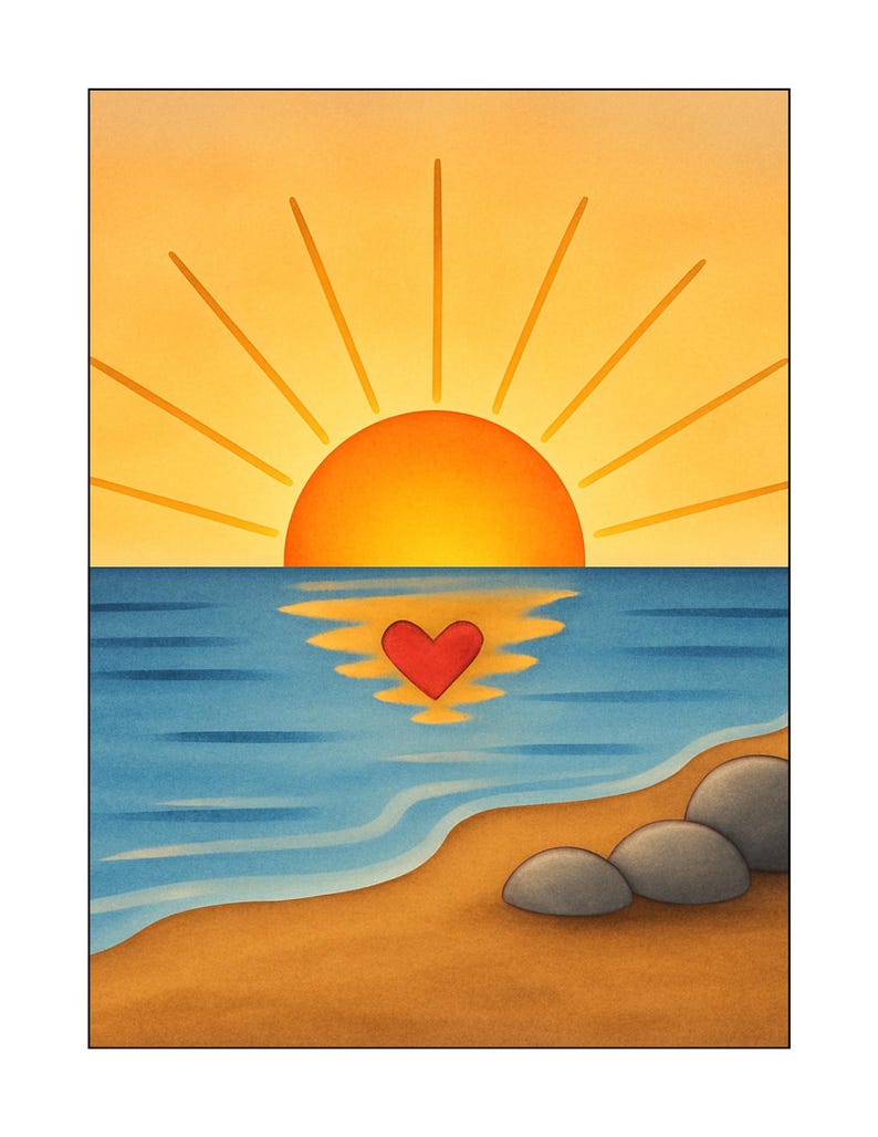 May include: A watercolor painting of a sunset over the ocean. The sun is a bright orange orb with yellow rays. The ocean is blue with a red heart reflecting in the water. A sandy beach and gray stones are in the foreground.