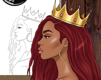 Zwarte vrouw kroon omtrek canvas | Voorgetekende Art Party Painting (digitale download)