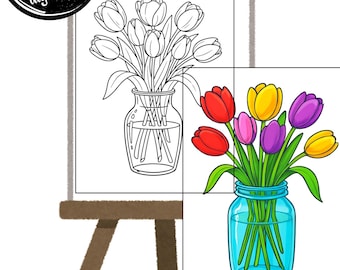 Tulips Bouquet Outline Canvas | Paint & Sip Stencil (Digital Download)