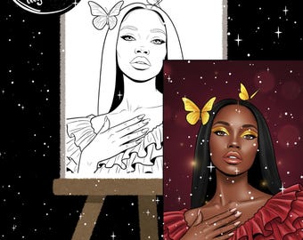 Zelfgemaakte verf en slokje| Vrouw met vlinders in haar| Downloadbaar | afdrukbare sjabloon | kleurplaat