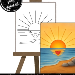 Könnte beinhalten: Ein digitaler Kunstdruck eines Sonnenuntergangs über dem Meer, mit einem Herzen, das sich im Wasser spiegelt. Das Bild befindet sich auf einer Staffelei, mit einer Schwarz-Weiß-Umrissversion neben der farbigen Version. Der Text auf dem Bild lautet "Paint party digital art" und "Digital download PDF".