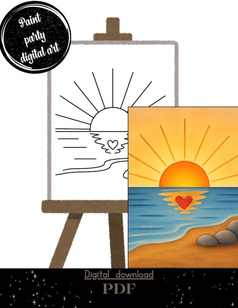 May include: A digital art print of a sunset over the ocean, with a heart reflected in the water. The image is on an easel, with a black and white outline version next to the colored version. Text on the image says "Paint party digital art" and "Digital download PDF".