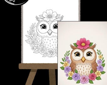 Floral Owl Print| Digital Printable| Paint n sip| Template| Art Canvas| Coloring Page| children