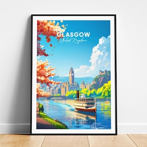 Glasgow travel print - United Kingdom travel poster, Glasgow poster, Glasgow UK poster, Personalized Gift, Wedding gift, Custom Text