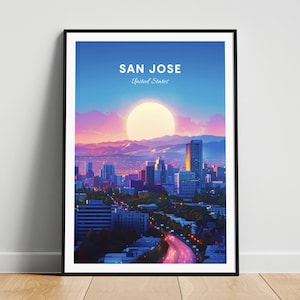 Reisafdruk San Jose - kunst aan de muur Verenigde Staten, poster San Jose, poster Californië, gepersonaliseerd cadeau, huwelijkscadeau, aangepaste tekst
