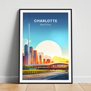 Charlotte travel print - United States wall art, Charlotte poster, North Carolina poster, Personalized Gift, Wedding gift, Custom Text