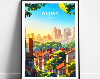 Impresión de viaje de Wuhan - Póster de viaje de China, póster de Wuhan, póster de Wuhan China, regalo personalizado, regalo de boda, texto personalizado