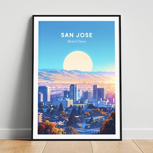 Reisafdruk San Jose - kunst aan de muur Verenigde Staten, poster San Jose, poster Californië, gepersonaliseerd cadeau, huwelijkscadeau, aangepaste tekst