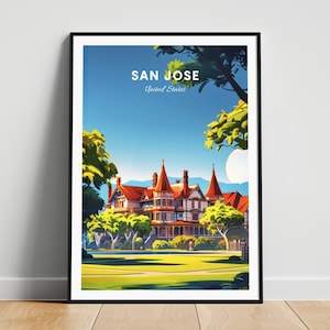 Reisafdruk San Jose - kunst aan de muur Verenigde Staten, poster San Jose, poster Californië, gepersonaliseerd cadeau, huwelijkscadeau, aangepaste tekst