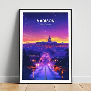 Madison travel print - US wall art, Madison night time, Wisconsin poster, Personalized Gift, Wedding gift, Custom Text