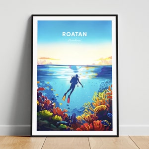 Roatan travel print - Honduras wall art, Roatan poster, Snorkeling poster, Personalized gift poster, Minimalist poster, Wedding gift