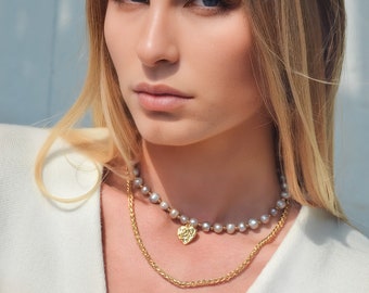 Lavender Real Pearl Necklace with Gold Heart Charm and Gold Chain, Freshwater Pearl Choker Necklace with 14K Gold Heart Charm, Gift for Her