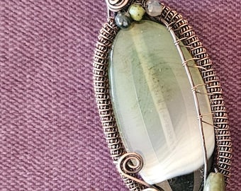Reversible Zebra Agate Copper Wire Wrapped Pendant with Beads