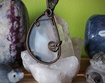 Wirewrapped Copper agate slice pendant. Oxidized