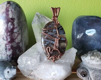 Stick Agate cabochon with  copper Turtle wire wrapped pendant ~Silhouette Series~