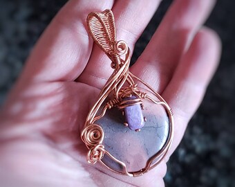 Porcelain Jasper and Charoite Copper wirewrap pendant, reversible