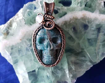 Wirewrapped Apatite Skull Cabochon with Morganite bead, Copper Bezel pendant. Oxidized