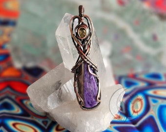 Charoite Cabochon with faceted citrine Wirevwrapped Copper pendant. Oxidized