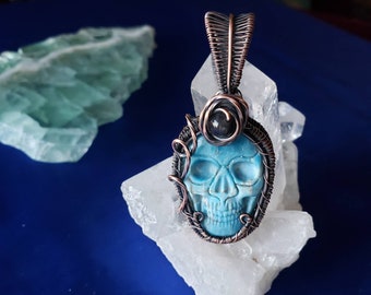 Wirewrapped Apatite Skull Cabochon with Obsidian bead, Copper Bezel pendant. Oxidized