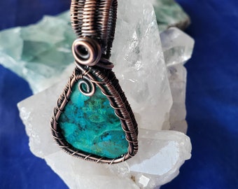 Wirewrapped Chrysocolla  Copper Bezel pendant. Oxidized