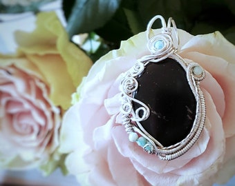 Shungite with Pyrite Cabochon and Amazonite beads in Sterling Silver wire wrapped pendant