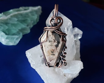 Wirewrapped Copper Palm Root Coffin Cabochon pendant. Oxidized