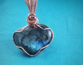 Labradorite Heart with blue flash copper wire wrapped  pendant, revirsible
