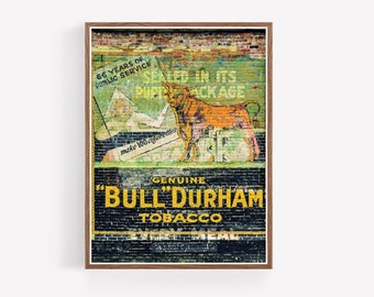 May include: A vintage advertisement for Bull Durham Tobacco painted on a brick wall. The ad features a red bull with the text "SEALED IN ITS PACKAGE" and "make 100 cigarettes". The bottom of the ad reads "GENUINE BULL DURHAM TOBACCO".