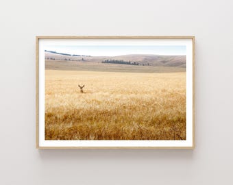 Deer and Wheat Field Landscape Print - Western Wall Art - Western Decor - Landscape Print - Nature wall art - Western art - Large wall art