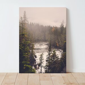 May include: A misty forest scene with a river flowing through the center. The river is surrounded by tall, green trees and the water is a light blue color. The scene is peaceful and serene.