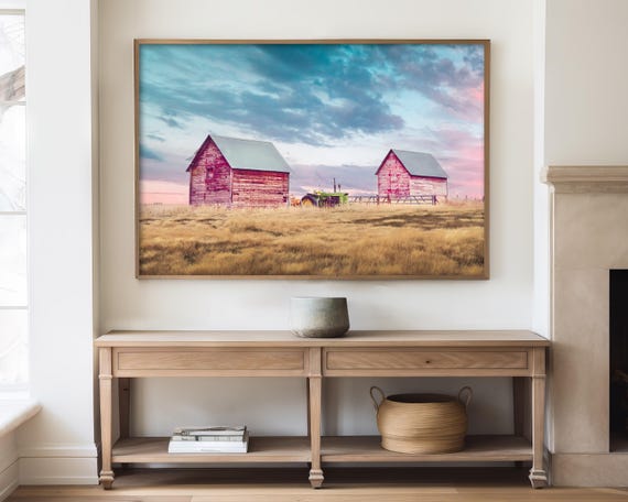 "John Deere" - Tractor with Barns and Western Sunset Sky