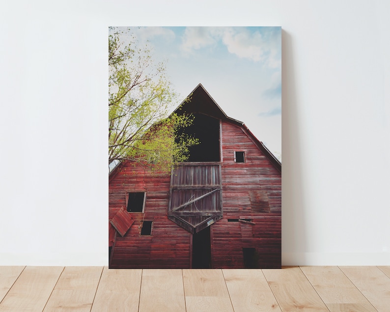 May include: A weathered red barn with a large, open doorway and a smaller window. The barn is surrounded by green trees and a blue sky with white clouds.
